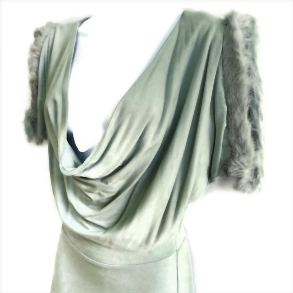 Vintage Dress Cowl Draped Neck Fur Arm Sleeves Green Glamorous